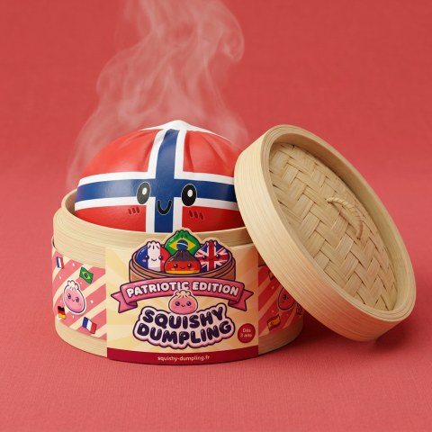 Flag Squishy Dumpling Norja bambutyylisessä höyrykorirasiassaan