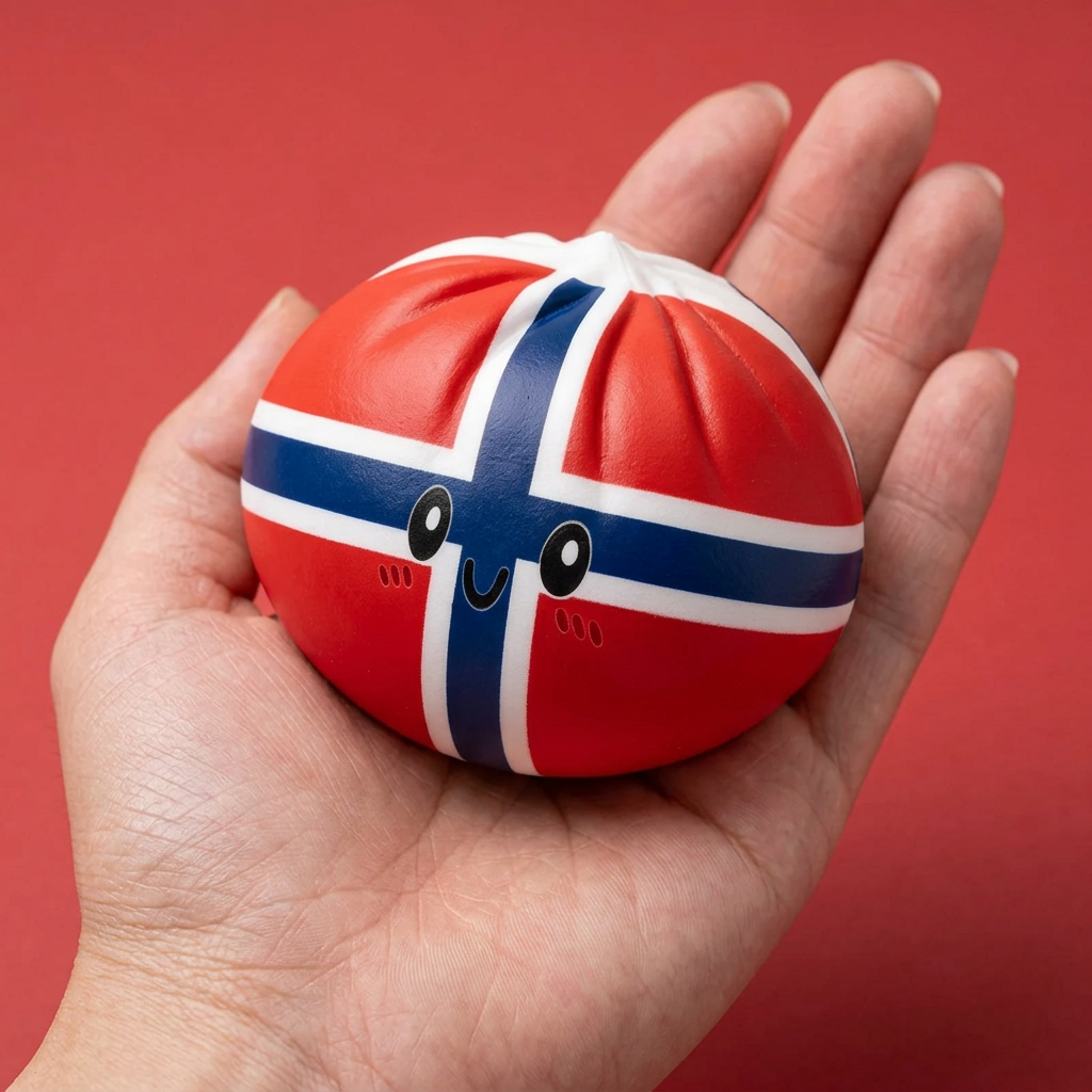 Flag Squishy Dumpling Norja kädessä, todellinen koko