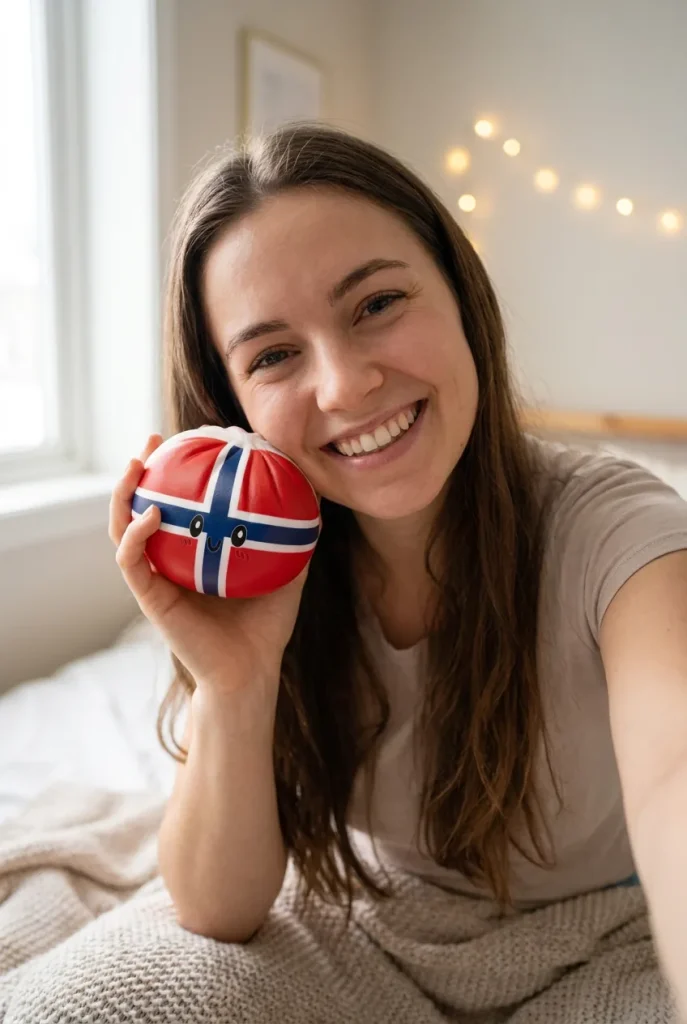 Flag Squishy Dumpling Norja kasvojen lähellä — asiakaskuva