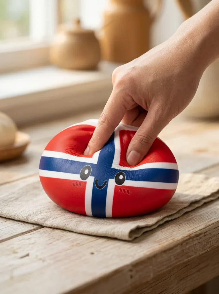 Flag Squishy Dumpling Norja sormien välissä — asiakaskuva