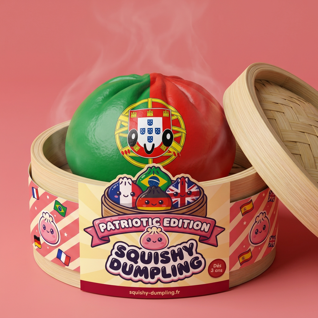 Squishy Dumpling Portugal, punavihreä lippusquishy bambutyylisessä höyrykorirasiassaan