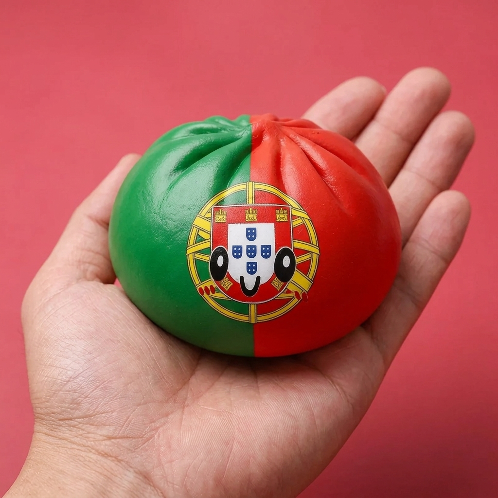 Squishy Dumpling Portugal, punavihreä lippusquishy kädessä, todellinen koko