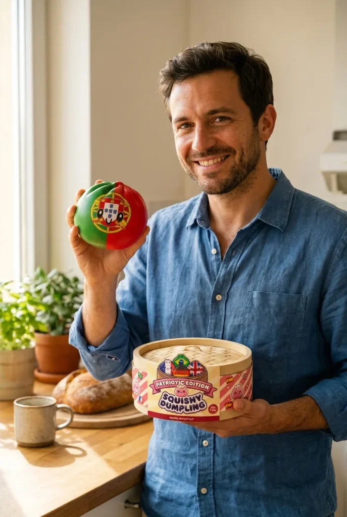 Squishy Dumpling Portugal, punavihreä lippusquishy ja bambutyylinen höyrykori — asiakaskuva