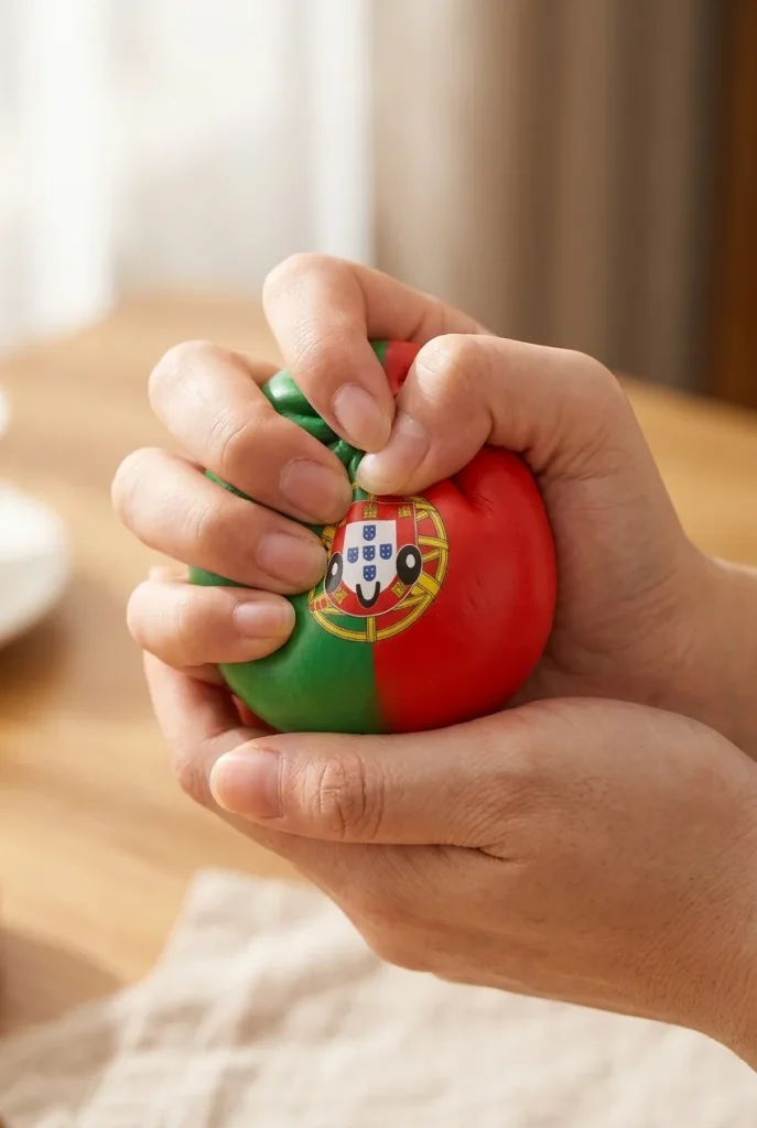 Squishy Dumpling Portugal, punavihreä lippusquishy sormien välissä — asiakaskuva