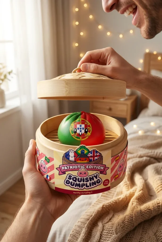 Squishy Dumpling Portugal, punavihreä lippusquishy — unboxing, asiakaskuva