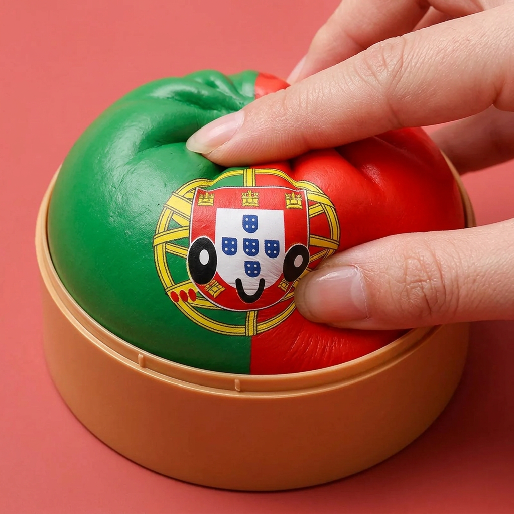 Squishy Dumpling Portugal, punavihreä lippusquishy puristettuna kädessä, squishy-materiaali