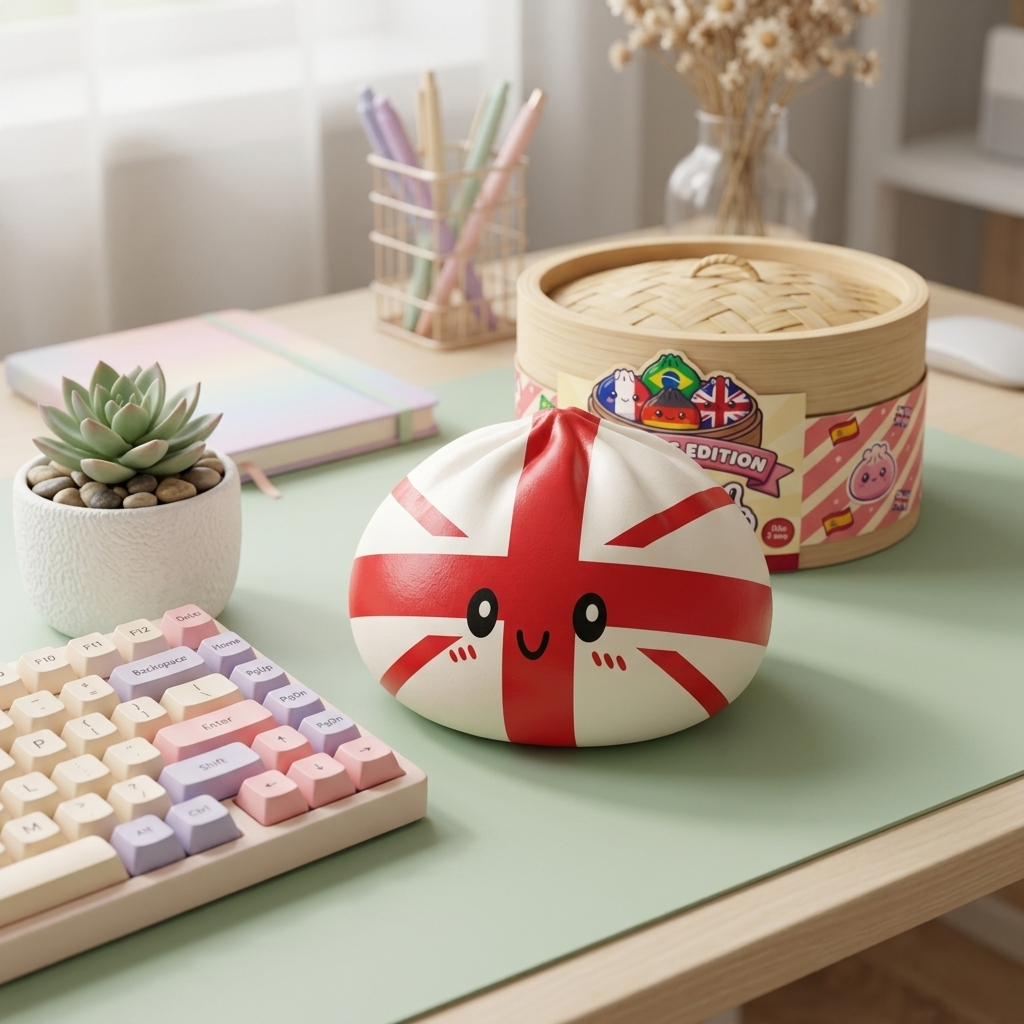 Flag Squishy Toy Ison-Britannian Lippu-Dumpling tunnelmakuvassa työpöydällä