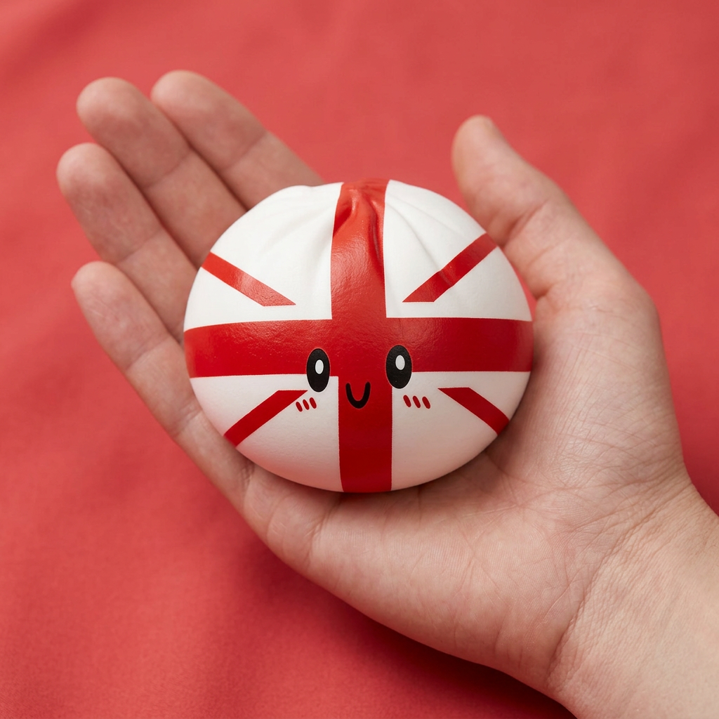 Flag Squishy Toy Ison-Britannian Lippu-Dumpling kädessä, todellinen koko