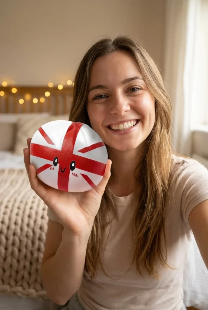 Flag Squishy Toy Ison-Britannian Lippu-Dumpling kasvojen lähellä — asiakaskuva
