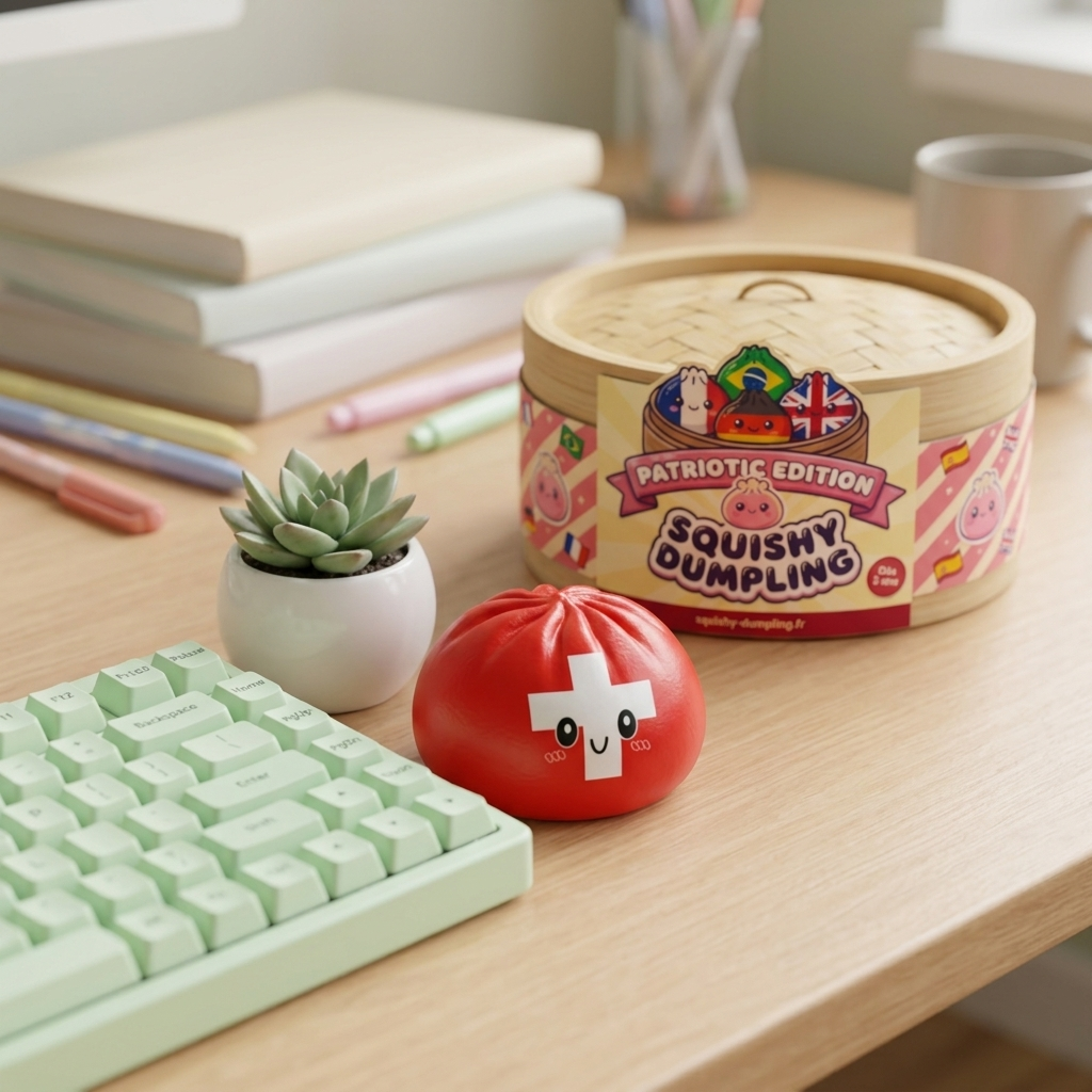 Flag Squishy Toy Sveitsi -dumpling tunnelmakuvassa työpöydällä