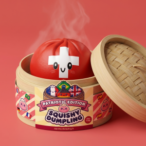 Flag Squishy Toy Sveitsi -dumpling bambutyylisessä höyrykorirasiassaan