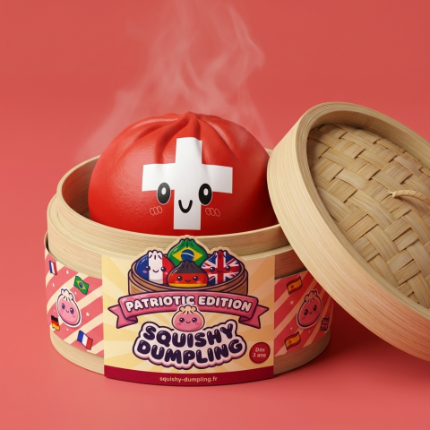 Flag Squishy Toy Sveitsi -dumpling bambutyylisessä höyrykorirasiassaan