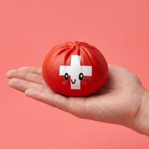 Flag Squishy Toy Sveitsi -dumpling kädessä, todellinen koko