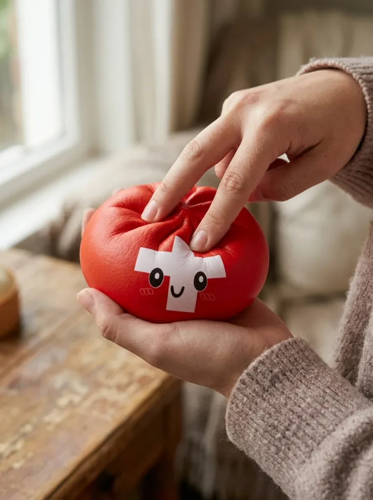 Flag Squishy Toy Sveitsi -dumpling sormien välissä — asiakaskuva