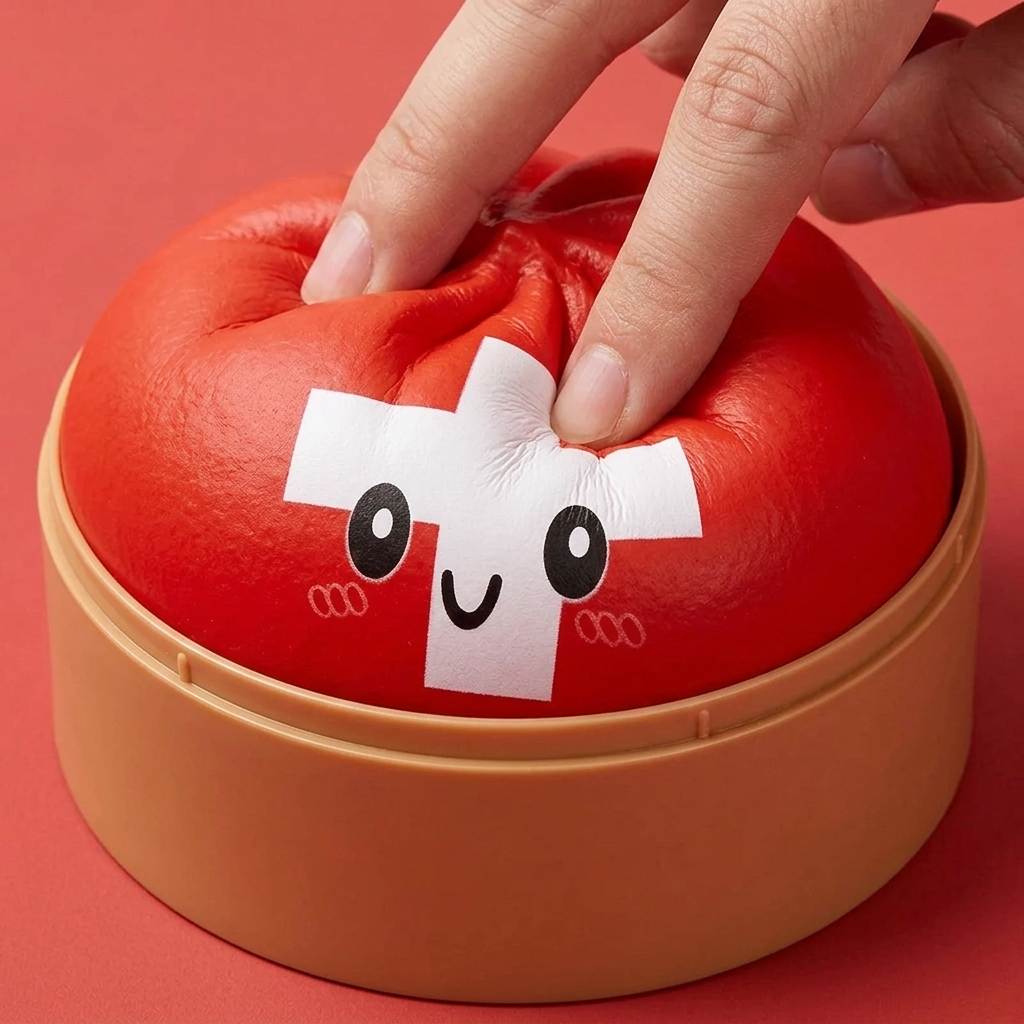 Flag Squishy Toy Sveitsi -dumpling puristettuna kädessä, squishy-materiaali