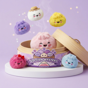 Dumpling Squishy Mystery Yllätyspakkaus puristettuna kädessä