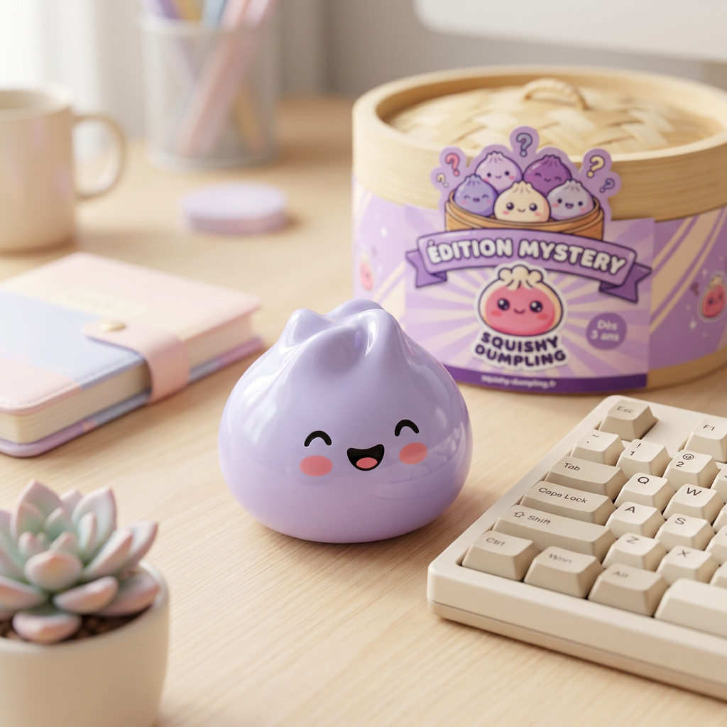 Dumpling Squishy Mystery Yllätyspakkaus arkisessa asetelmassa