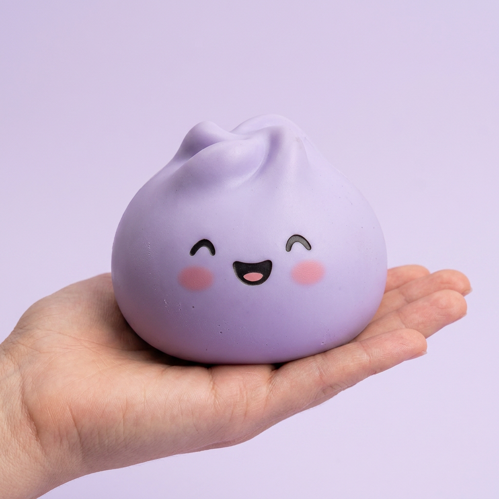 Dumpling Squishy Mystery Yllätyspakkaus kädessä — kokovertailu