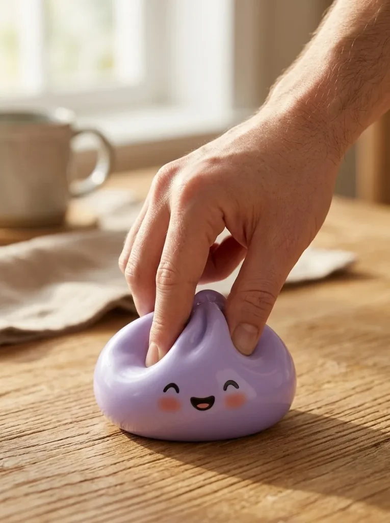 Dumpling Squishy Mystery Yllätyspakkaus puristuksessa