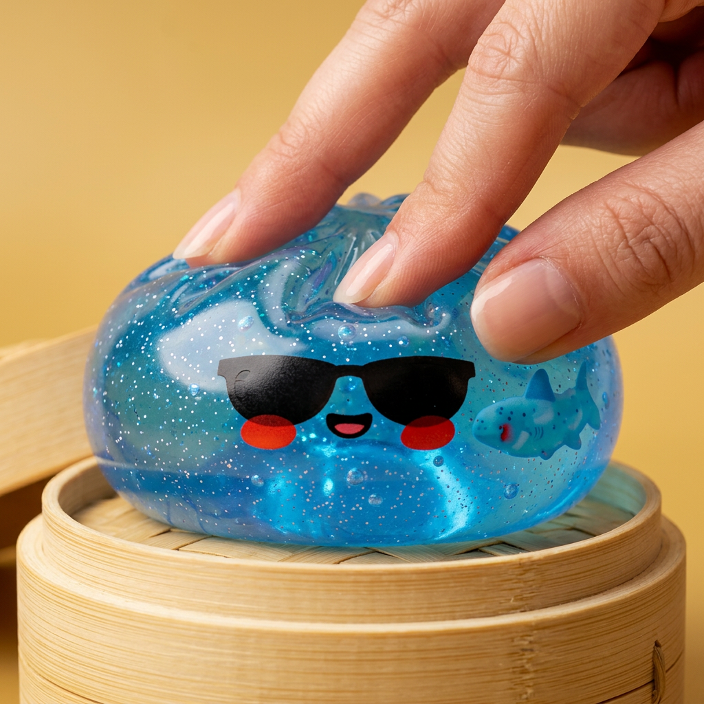 Aurinkolasit Dumpling Squishy puristettuna kädessä, squishy-materiaali