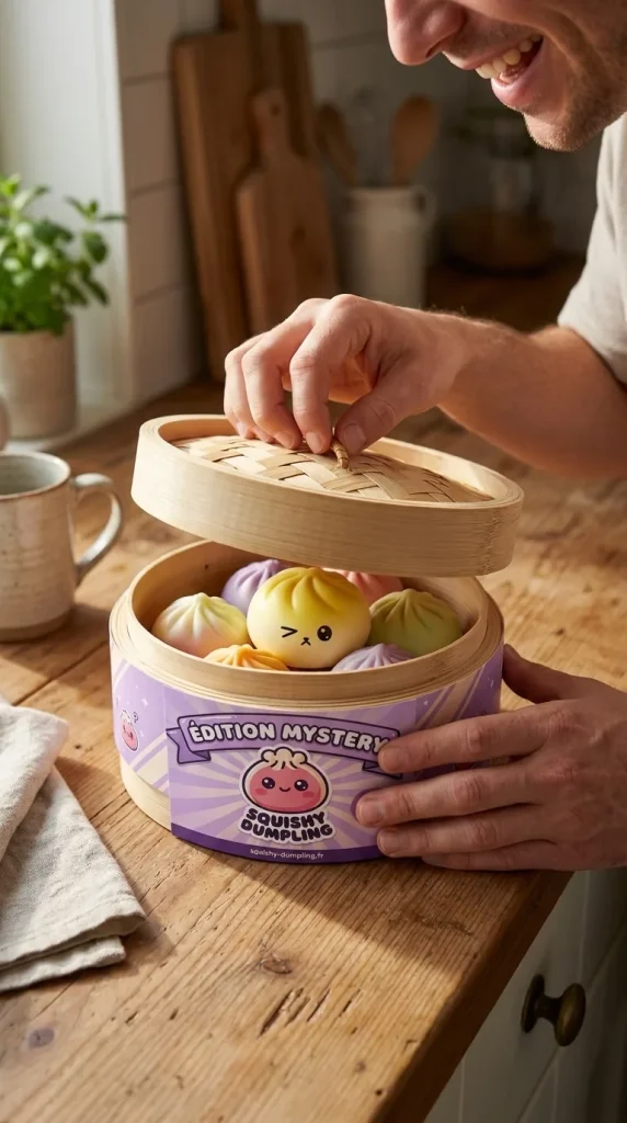 Mystery Dumpling Squishy Yllätyspakkaus avauksen hetkellä