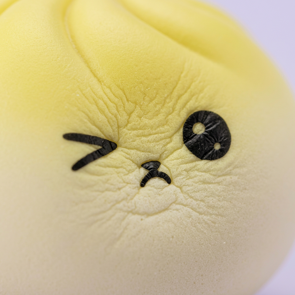 Mystery Dumpling Squishy Yllätyspakkaus makrokuva vaahdon pinnasta