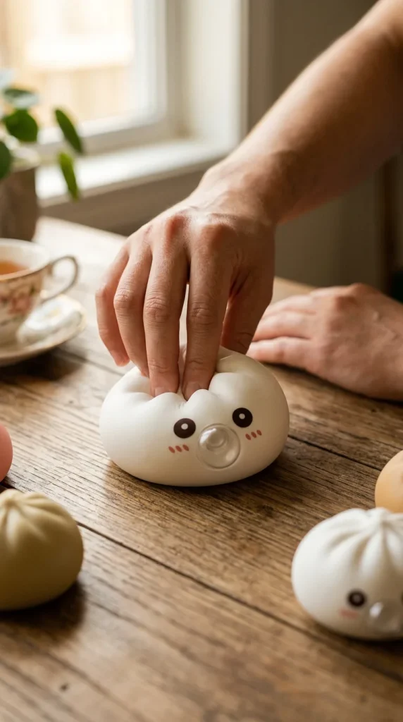 Giant Dumpling Squishy Pilvenvalkoinen sormien välissä — asiakaskuva