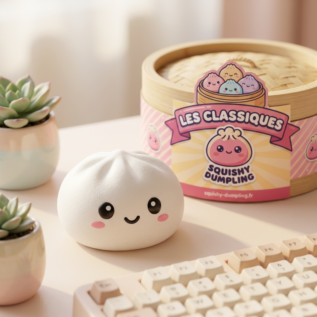 Dumpling Squishy Lumivalkoinen tunnelmakuvassa työpöydällä