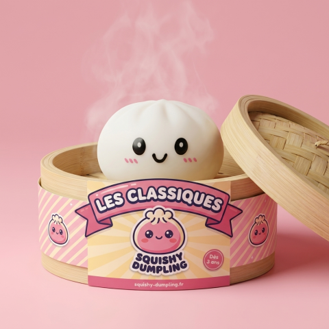 Dumpling Squishy Lumivalkoinen bambutyylisessä höyrykorirasiassaan