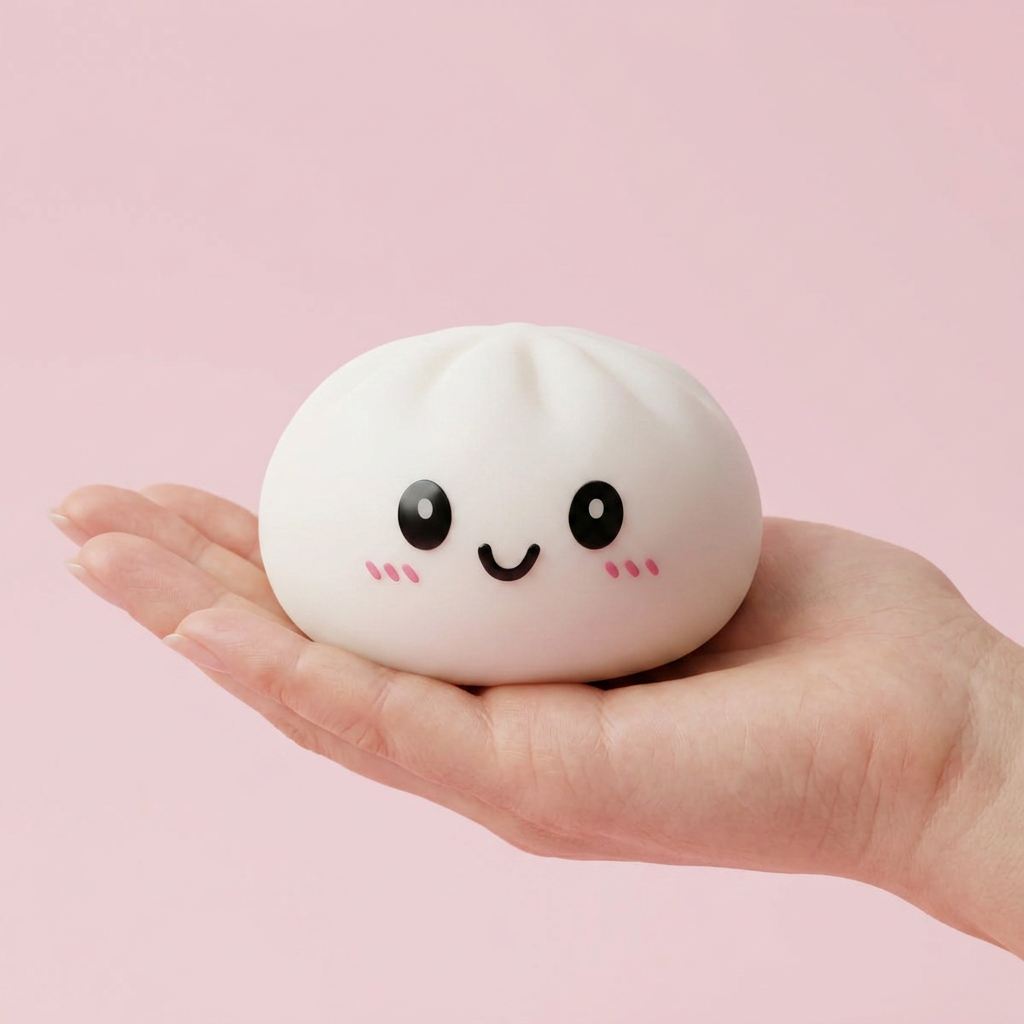Dumpling Squishy Lumivalkoinen kädessä, todellinen koko
