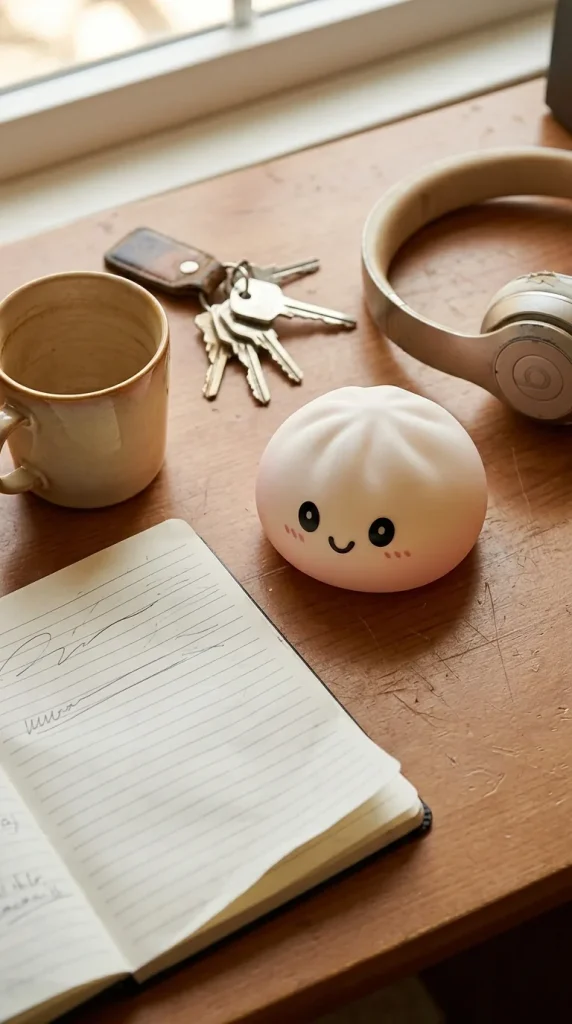 Dumpling Squishy Lumivalkoinen työpöydällä — asiakaskuva