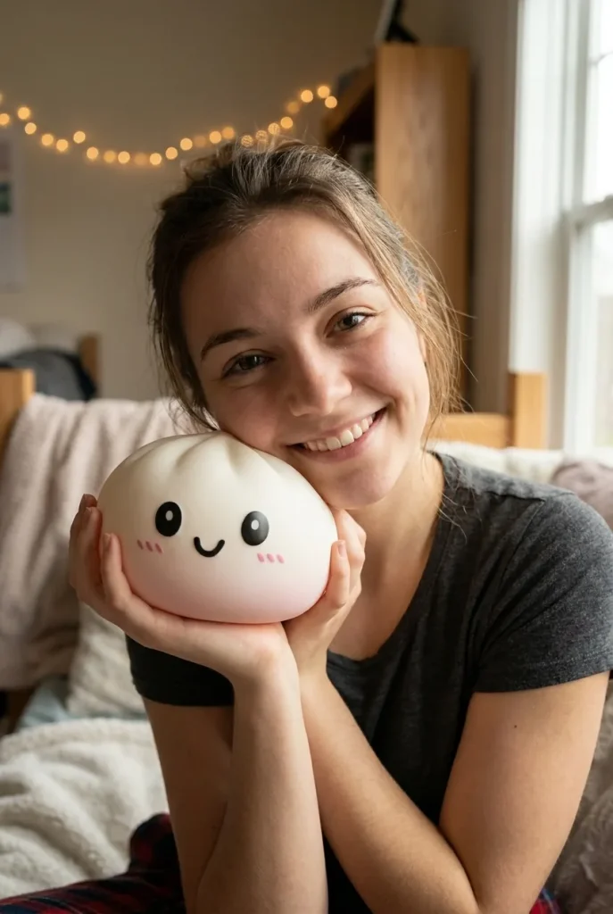 Dumpling Squishy Lumivalkoinen kasvojen lähellä — asiakaskuva