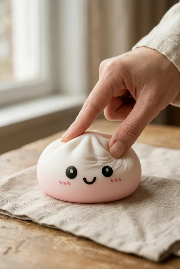 Dumpling Squishy Lumivalkoinen sormien välissä — asiakaskuva