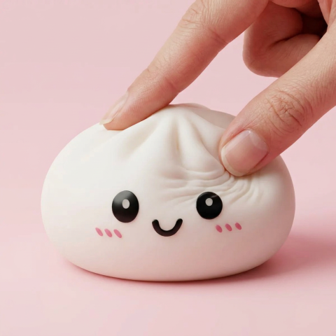 Dumpling Squishy Lumivalkoinen puristettuna kädessä, squishy-materiaali