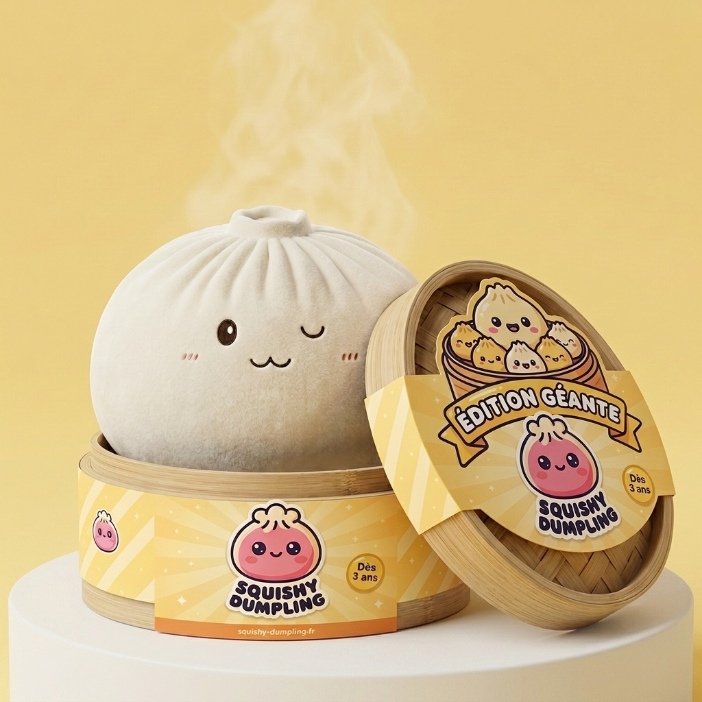 Dumplings Squishy Toy Valkoinen XXL bambutyylisessä höyrykorirasiassaan