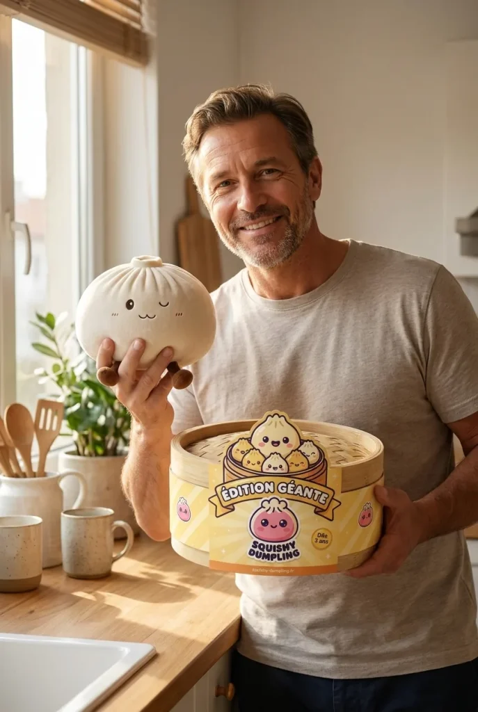 Dumplings Squishy Toy Valkoinen XXL ja bambutyylinen höyrykori — asiakaskuva