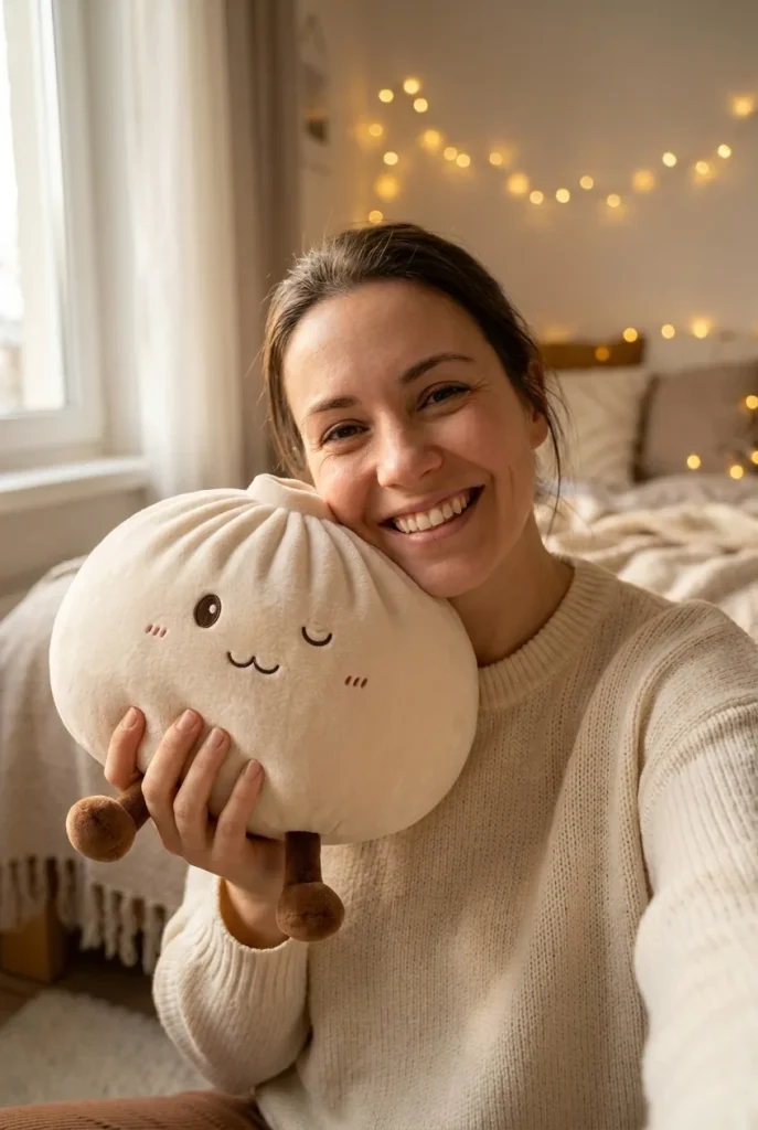 Dumplings Squishy Toy Valkoinen XXL kasvojen lähellä — asiakaskuva