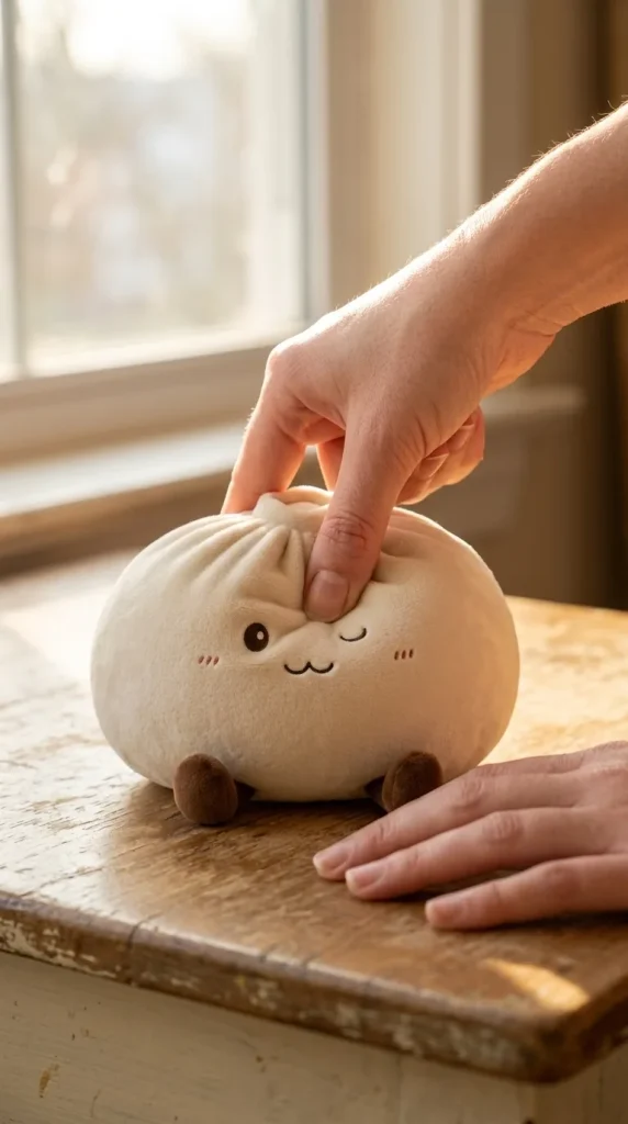 Dumplings Squishy Toy Valkoinen XXL sormien välissä — asiakaskuva