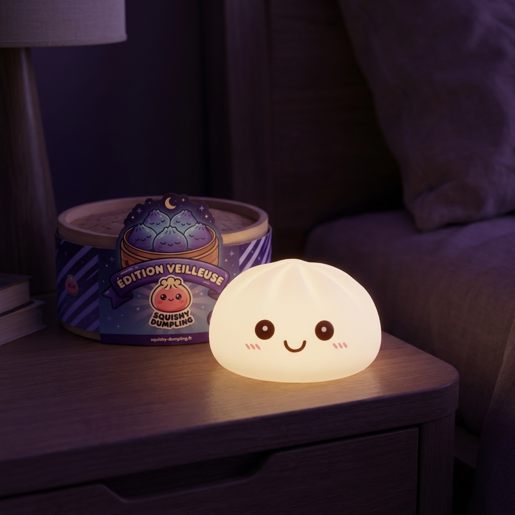 Dumpling Squishy Yövalo Kuunvalkoinen tunnelmakuvassa työpöydällä