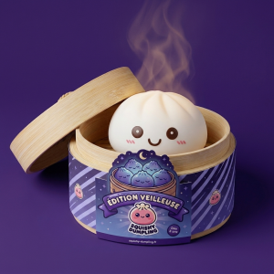 Dumpling Squishy Yövalo Kuunvalkoinen bambutyylisessä höyrykorirasiassaan