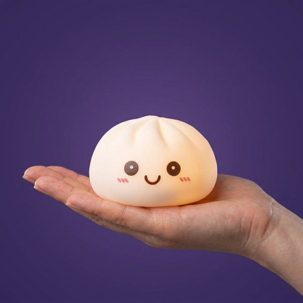 Dumpling Squishy Yövalo Kuunvalkoinen kädessä, todellinen koko
