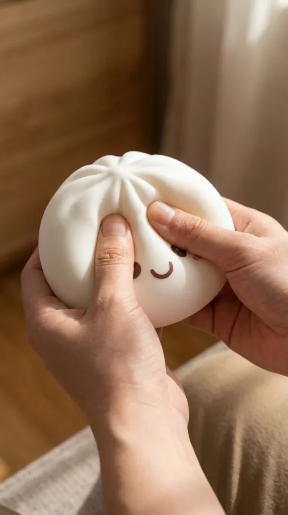 Dumpling Squishy Yövalo Kuunvalkoinen sormien välissä — asiakaskuva