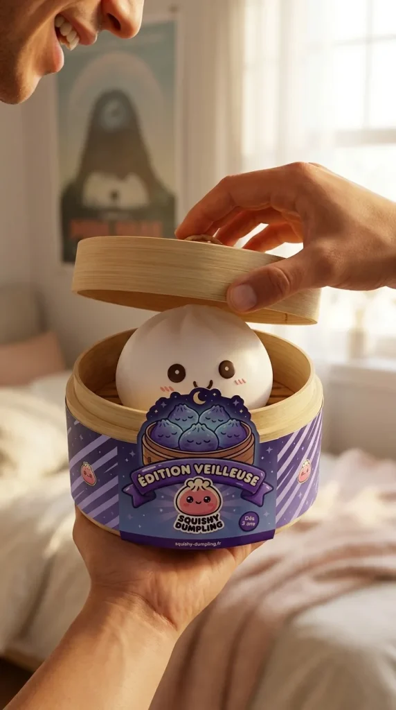 Dumpling Squishy Yövalo Kuunvalkoinen — unboxing, asiakaskuva