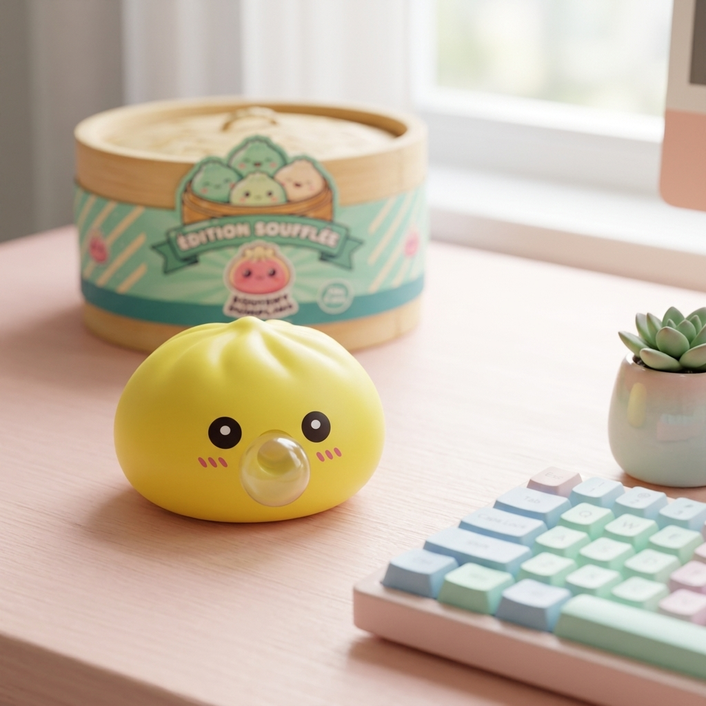 Jumbo Dumpling Squishy Keltainen Jättikoko tunnelmakuvassa työpöydällä