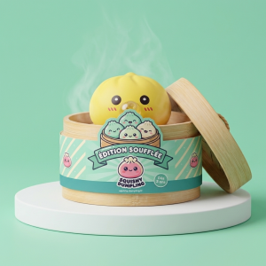 Jumbo Dumpling Squishy Keltainen Jättikoko bambutyylisessä höyrykorirasiassaan
