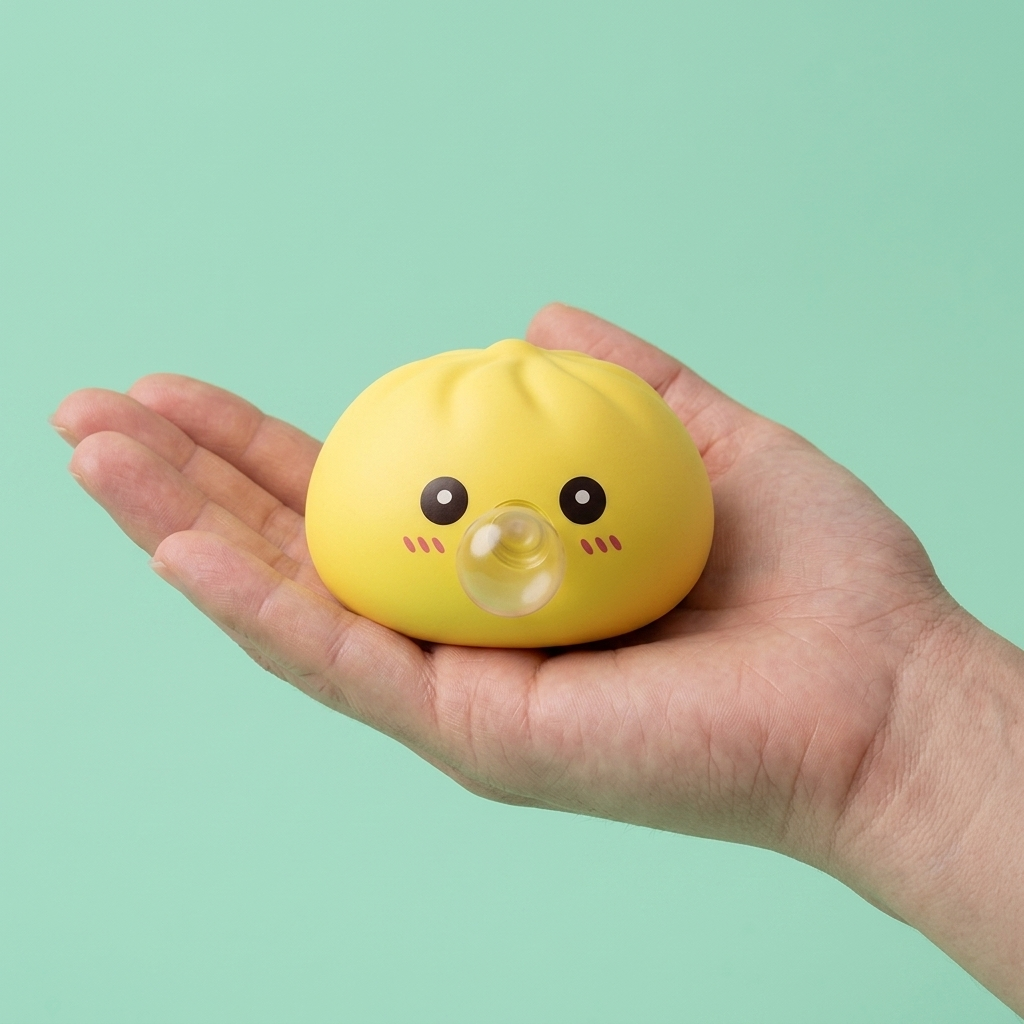 Jumbo Dumpling Squishy Keltainen Jättikoko kädessä, todellinen koko