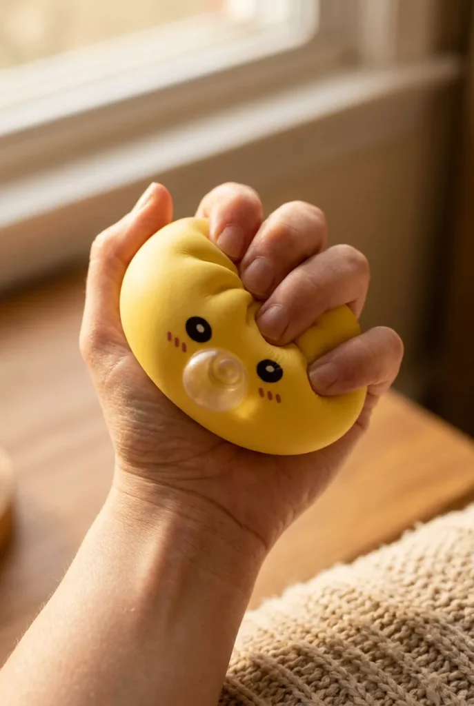 Jumbo Dumpling Squishy Keltainen Jättikoko sormien välissä — asiakaskuva