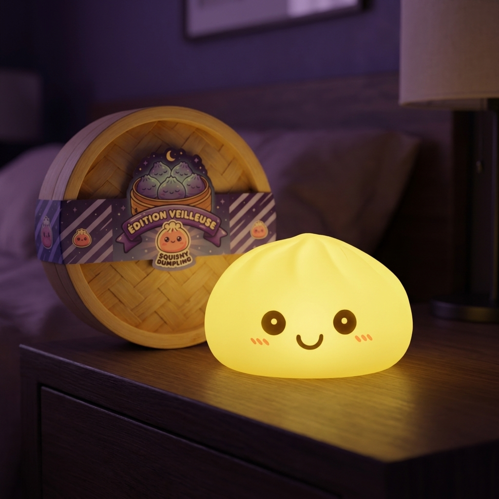 Dumpling Squishy -yövalo, Aurinkoinen Keltainen tunnelmakuvassa työpöydällä