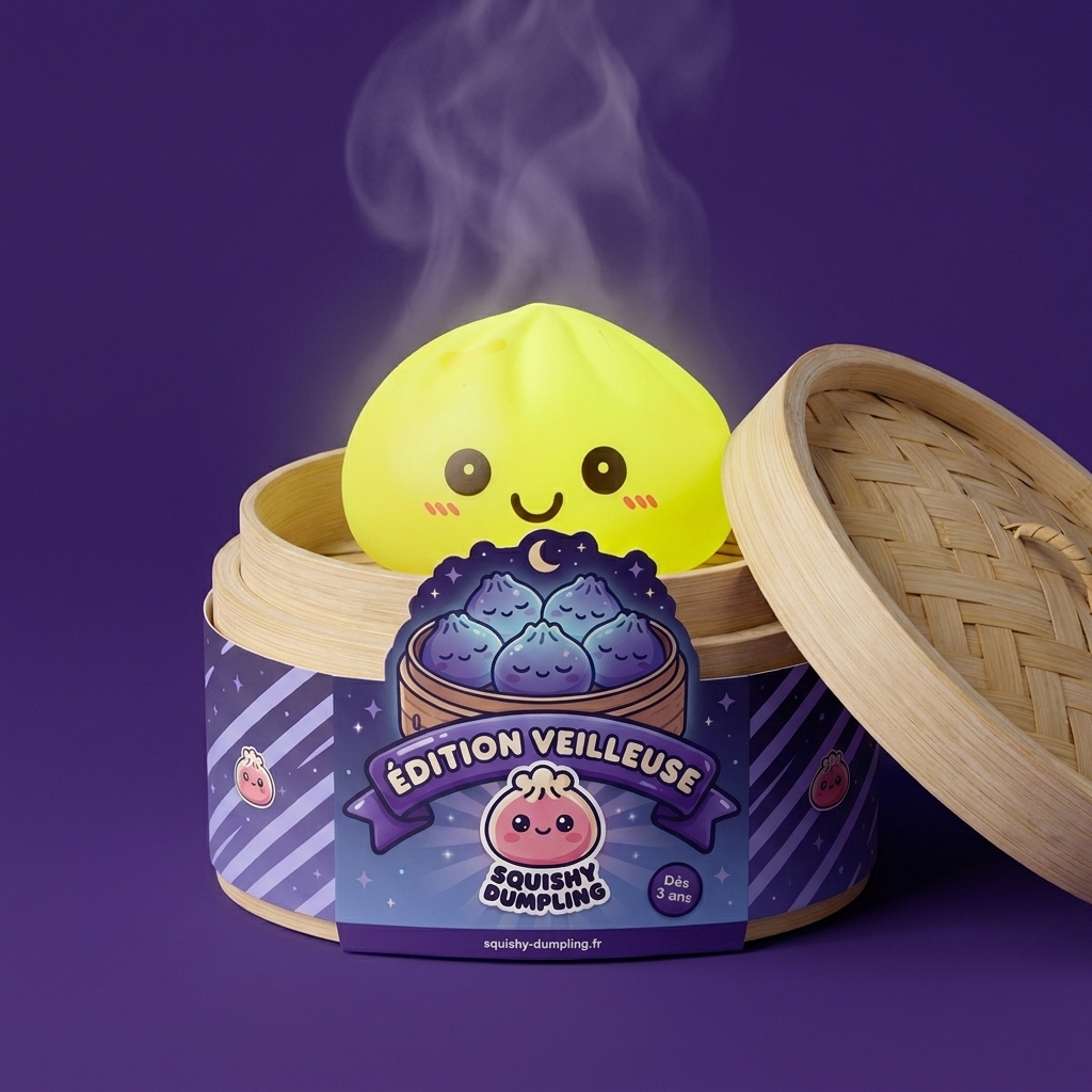 Dumpling Squishy -yövalo, Aurinkoinen Keltainen bambutyylisessä höyrykorirasiassaan