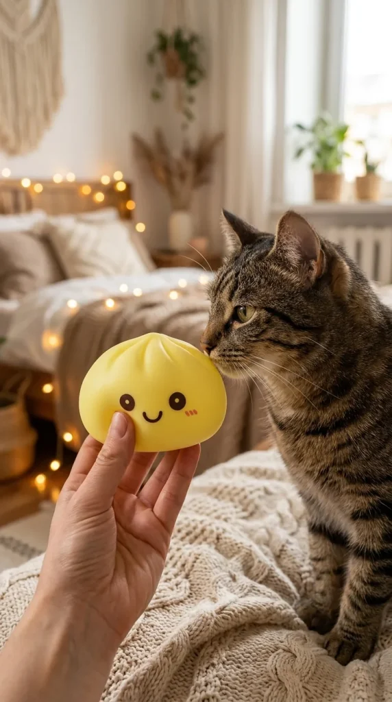 Dumpling Squishy -yövalo, Aurinkoinen Keltainen ja lemmikki — asiakaskuva